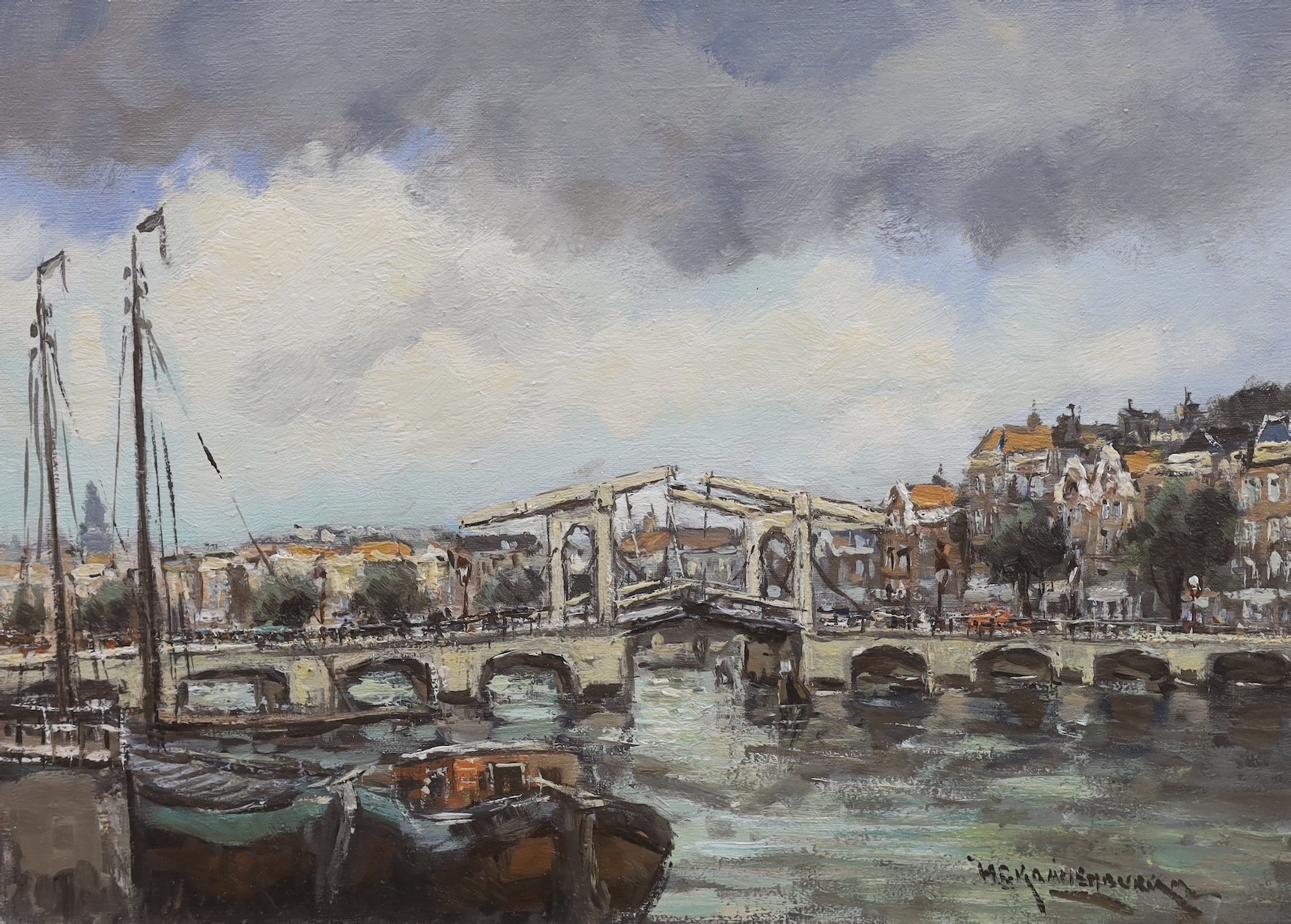 Dutch School, oil on canvas, Bridge in Amsterdam, indistinctly signed, 50 x 70 cm. unframed.